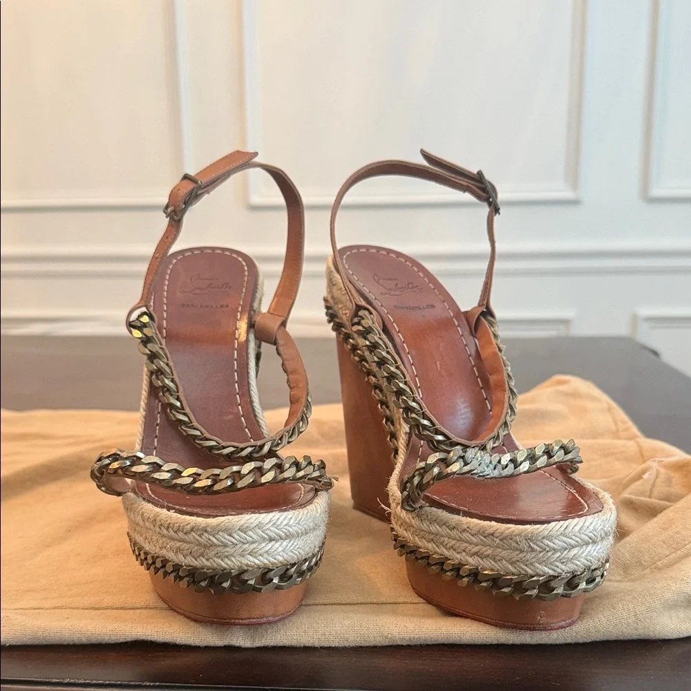Christian Louboutin Brown Leather Espadrille Wedge Sandals with Gold Chain - Picture 1 of 6